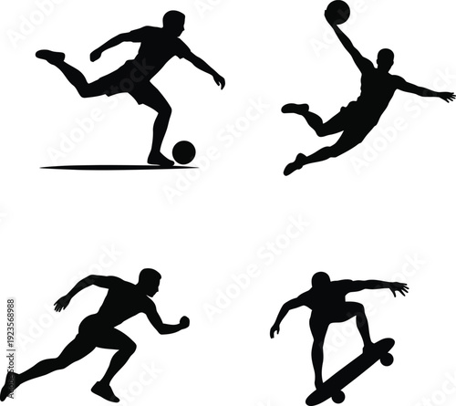 Black silhouettes of men playing soccer basketball and skateboarding