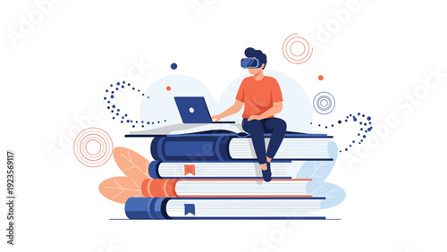 Student wearing a virtual reality headset while sitting atop a tall stack of books and working on a laptop computer.