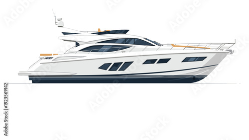 Profile view of a large luxurious white motor yacht with a modern sleek design and multiple decks floating on white space.