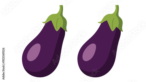 Two fresh whole purple eggplants with green stems positioned side by side on a plain white background for culinary illustration.