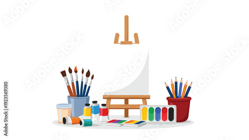 Artist's workspace featuring a wooden easel with a blank canvas, several paintbrushes, tubes of paint, and a palette of colors.