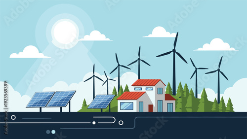 Environmentally friendly house powered by sustainable energy sources like solar panels on the roof and multiple wind turbines nearby.