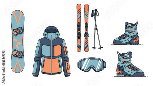 Selection of essential winter sports equipment including a snowboard, a pair of skis, a warm jacket, goggles, and heavy-duty boots.
