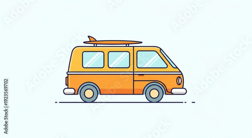 Vibrant orange van with surfboard on top driving on road with white background