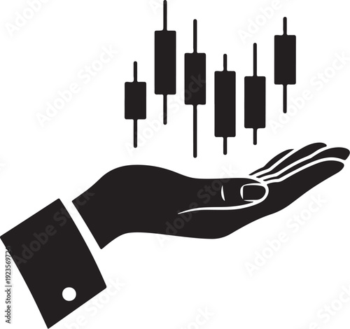 Black hand with stock market candlestick graph on white background  business finance concept