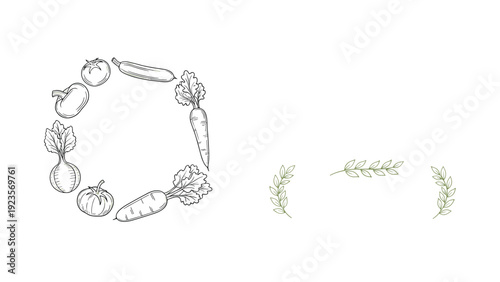 Elegant hand-drawn wreath and decorative sprigs made of various vegetables like carrots, tomatoes, and greens in an olive color.