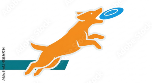 Orange dog jumping to catch blue frisbee in mid air with green accent