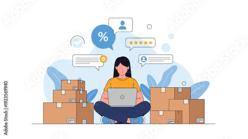 E-commerce business owner managing online orders and customer feedback while sitting among stacked cardboard boxes.