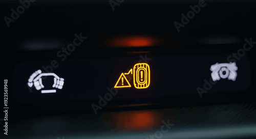 Close-up of car dashboard warning lights, highlighting the illuminated yellow low tire pressure (TPMS) indicator and vehicle safety warnings.