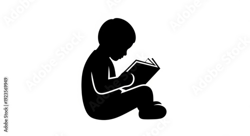 Silhouette of a child sitting and reading a book in a simple black illustration style