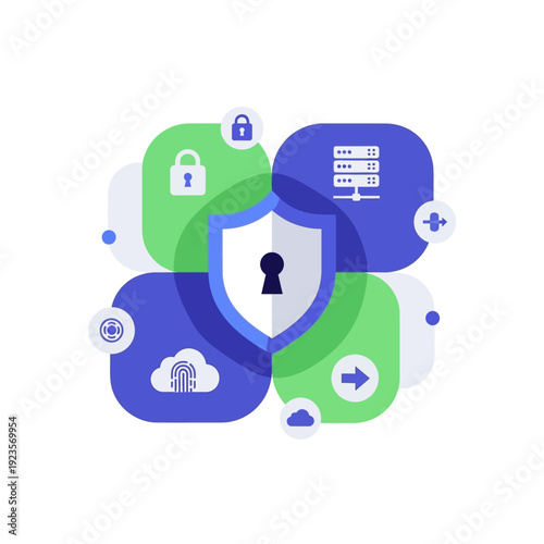 Shield with keyhole and icons.