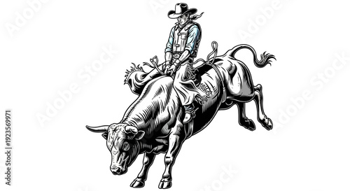 Black and White Illustration of a Cowboy Riding a Bucking Bull in a Rodeo Arena