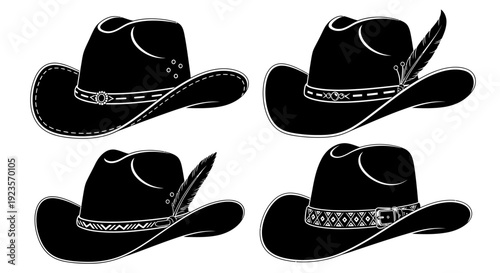 Collection of Black Cowboy Hats with Decorative Bands and Feathers