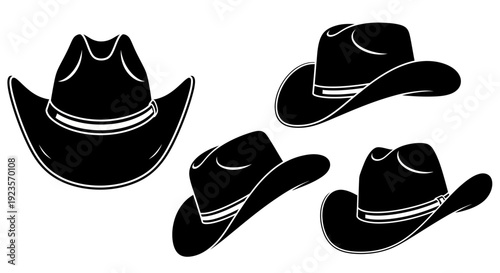 Collection of Black Cowboy Hats Silhouettes on White Background Vector Illustration