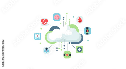 Telemedicine and E-Health Cloud Computing Concept. Digital Healthcare Network Connecting Wearable Devices, Patient Data, and Remote Monitoring.