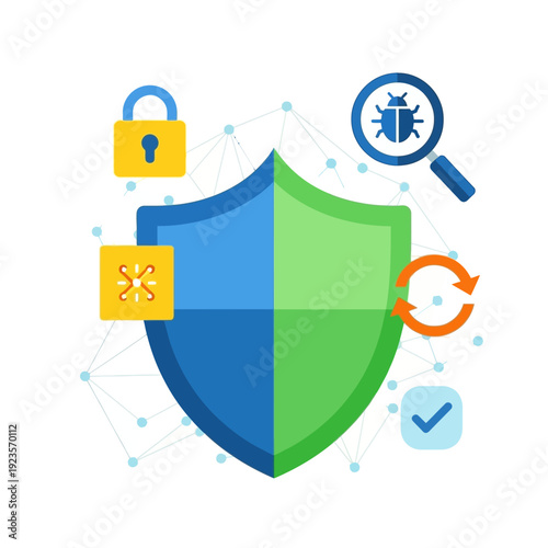 Shield with security icons around it.