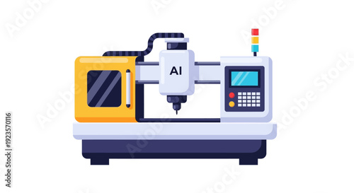 AI Controlled CNC Machine Tool. Flat Vector Icon of Smart Factory Manufacturing Automation and Industry 4.0 Technology.