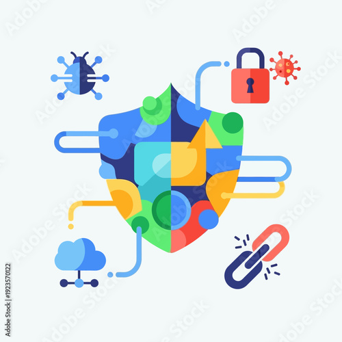 Shield with security icons around it.