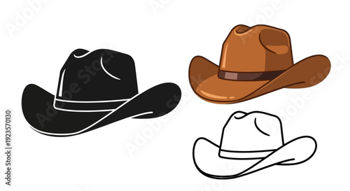 Collection of Cowboy Hats, Silhouette, Outline, and Full Color Illustration