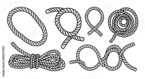 Collection of Various Knots and Rope Designs Isolated on White Background