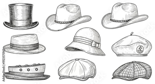 Collection of Vintage Hats and Caps Hand Drawn Sketch Style