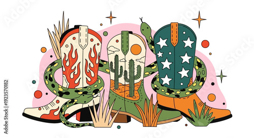 Cowboy Boots with Snake and Desert Elements: Western Vibe Illustration