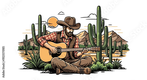 Cowboy Playing Guitar in Desert Landscape with Cacti and Mountains