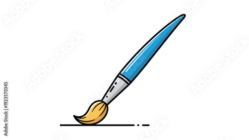 Blue artist paintbrush with a yellow bristle tip for creative painting, hobby projects, and artistic design activities.