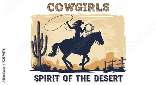 Cowgirl Spirit of the Desert Silhouette with Lasso on Horseback in Western Landscape