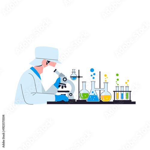 Scientist using microscope in laboratory with colorful chemical reactions in flasks