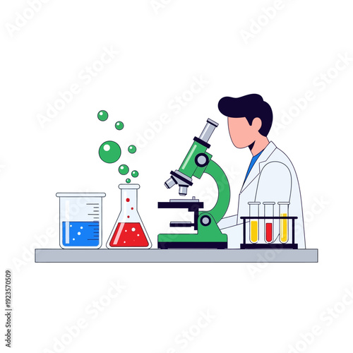 Scientist using microscope in laboratory with colorful chemicals and test tubes