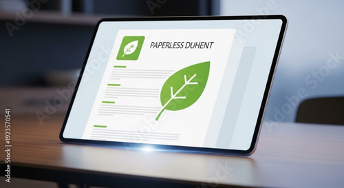 Digital paperless document on tablet screen with green leaf logo on wooden desk in office