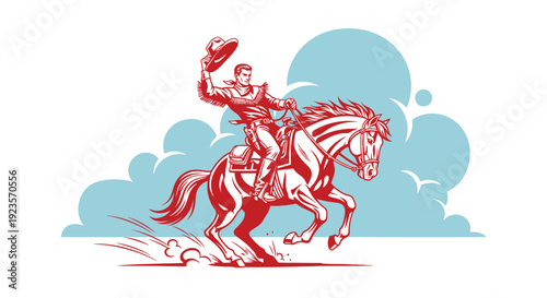 Red Cowboy Riding Horse with Hat Raised in Blue Sky with Clouds