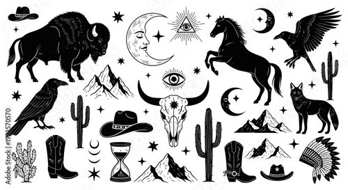 Mystical Southwestern Western Symbols: Buffalo, Horse, Coyote, Raven, Moon, Eye