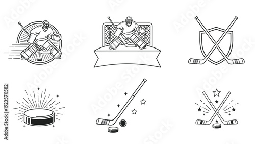Collection of six black and white ice hockey icons featuring professional players, equipment, pucks, and team emblems.