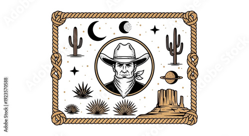 Retro Cowboy Portrait and Western Desert Landscape with Cactus, Moon, and Stars