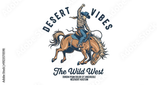 Retro Cowboy Riding a Bucking Horse in the Desert with "The Wild West" Text