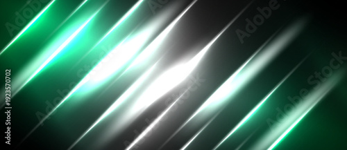 Abstract background features diagonal lines. Green, white, gray hues create dynamic light effect. Modern design, sleek presentation.
