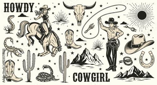 Retro Western Cowboy and Cowgirl Elements Collection with Skull, Horse, and Cactus