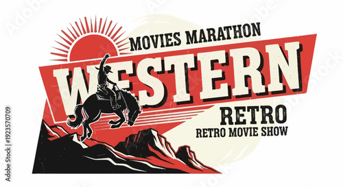 Retro Western Movie Marathon and Show with Cowboy Riding Horse Silhouette