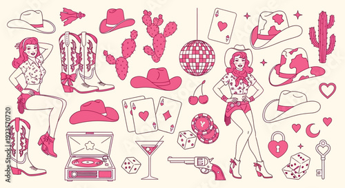 Retro Western Pink Cowgirl Party Collection with Hats, Boots, and Cactus Icons