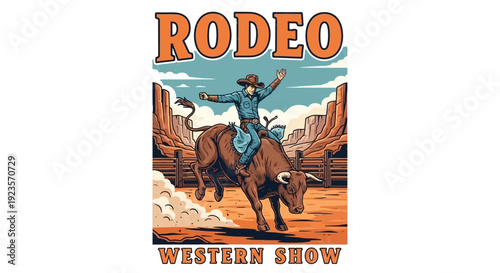 Rodeo Western Show: Cowboy Riding Bucking Bull in Desert Landscape