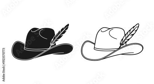 Silhouette and Outline of a Western Cowboy Hat with a Decorative Feather