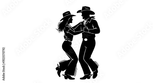 Silhouette of a Cowboy and Cowgirl Dancing Together in Western Attire