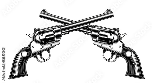 Vintage Crossed Revolver Pistols Illustration, Western Style, Black and White Drawing