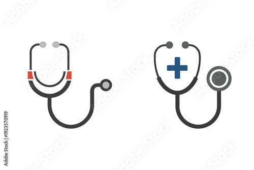 medical stethoscope icons with a red dot and a cross symbol on white background.