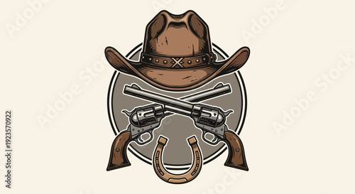 Vintage Western Cowboy Hat, Crossed Revolvers, and Horseshoe Emblem