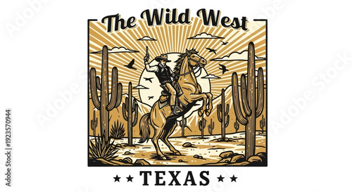 Vintage Western Cowboy on Horseback in Desert with Cacti and Mountains under Sun