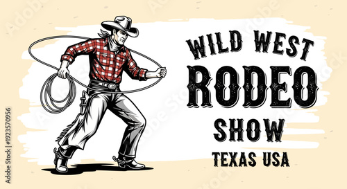 Vintage Wild West Rodeo Show Cowboy Illustration with Lasso in Texas USA