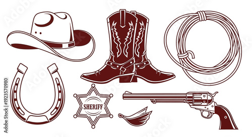 Western Cowboy Elements: Hat, Boots, Lasso, Sheriff Badge, Gun, Horseshoe